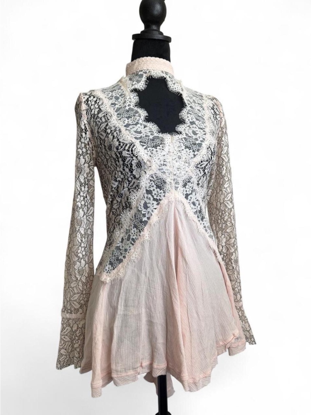 Free People Blush Lace Inset Long Sleeve Tunic